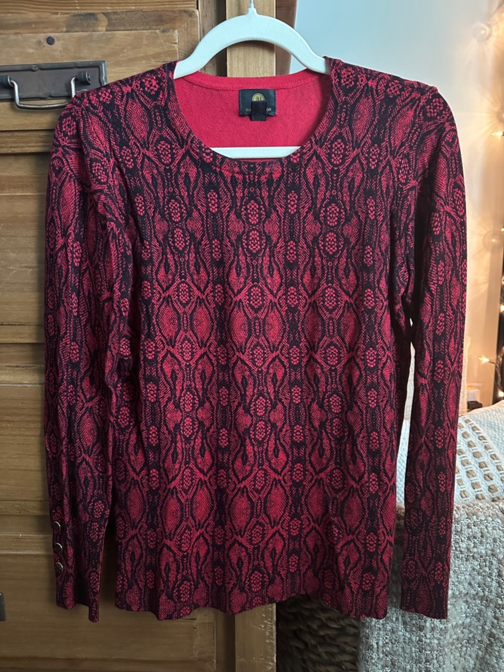 JM Collection Red and Black Patterned Long Sleeve Sweater